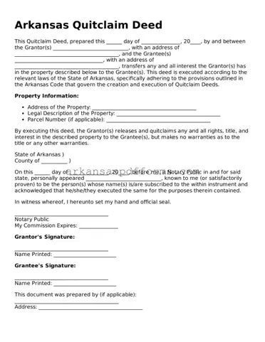 Printable Quitclaim Deed Form for Arkansas State