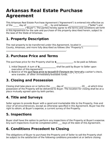 Printable Real Estate Purchase Agreement Form for Arkansas State