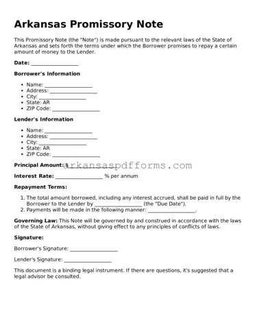 Printable Promissory Note Form for Arkansas State