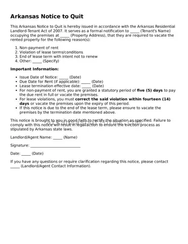 Printable Notice to Quit Form for Arkansas State